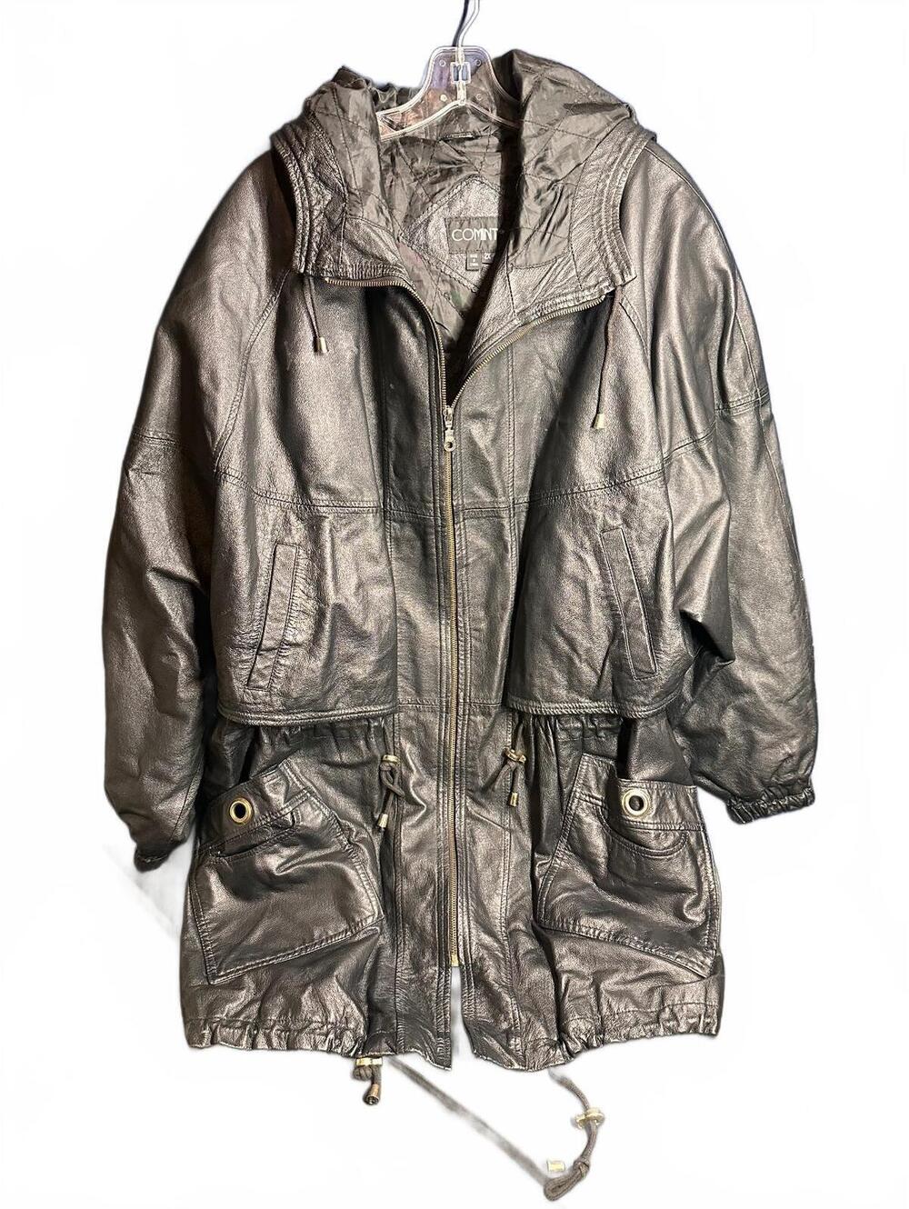 COMINT Women's Hooded Faux Leather Long Jacket Coat 2X